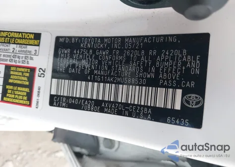 2021 Toyota Camry Se z USA, uszkodzony, nr VIN 4T1G11AK2MU588530